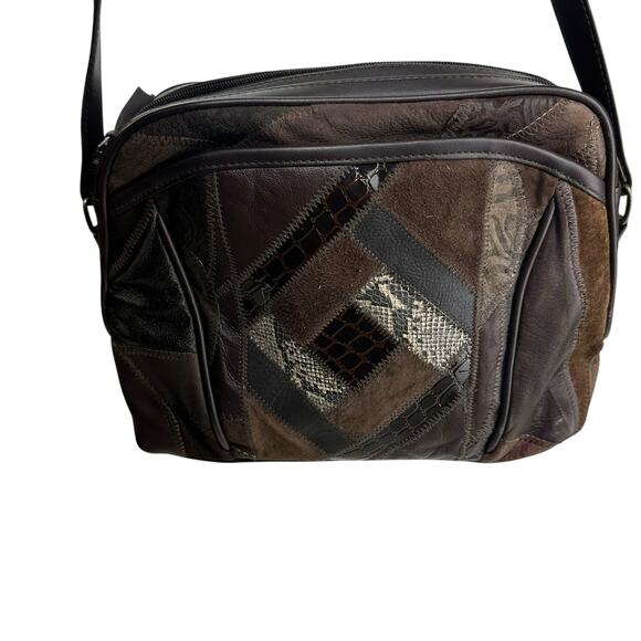 Vintage Boho Crossbody Double Zip Bag Womens Brown Patchwork Leather Purse - Picture 1 of 12